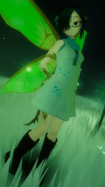 VR photo of my VRChat main character, Sola, in her Fairy Dragon form (anime girl with green-blue hair, glasses, draconic scales, fairy wings).

On this photo, everything is covered in a green hued lighting as the fairy wings appear, as if it's lighting the whole world.