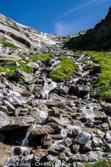 Das Bild zeigt eine Gebirgslandschaft mit einem fließenden Bach, der über ein Felsbett strömt. Der Bach mit seinem weißen, schäumenden Wasser fließt einen felsigen Abhang hinunter und bildet dabei kleine Wasserfälle. Die Felsen variieren in Größe und Form, wobei einige große Felsbrocken und kleinere Steine im Bachbett verstreut sind. Die Umgebung ist mit grünem Gras und Moos bewachsen, was einen lebhaften Kontrast zu den grauen und braunen Farbtönen der Felsen bildet. Im Hintergrund erhebt sich eine steile, felsige Felswand, an deren Spitze ein kleiner Wasserfall zu sehen ist. Der Himmel ist klar und blau, was auf einen sonnigen Sommertag hindeutet. Das Gesamtbild ist von natürlicher Schönheit und Ruhe geprägt und zeigt das zerklüftete Terrain und die dynamische Bewegung des Wassers.
