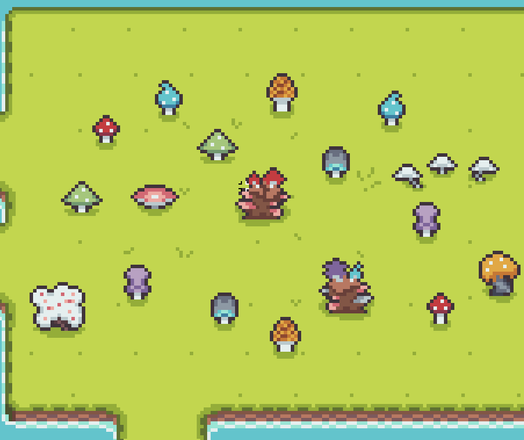 A pixel art scene containing a grass island surrounded by water, on top of it there are many different mushroom types, and two tree stumps overgrown with mushrooms.