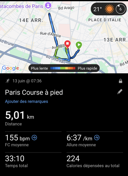 ガーミンコネクトのランニングアクティビティ記録。走行距離5,01km。平均心拍数155bpm。平均ペース6:37/km。総時間33:10。総消費カロリー224kcal。