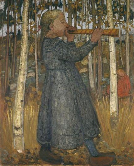 Bild von Paula Modersohn-Becker zeigt ein Flöte blasendes Mädchen im Birkenwald,