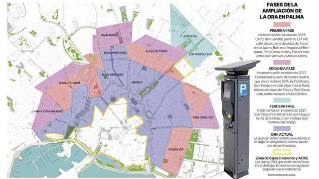 Mapa de Palma amb les zones on pròximament també hi haurà ORA.