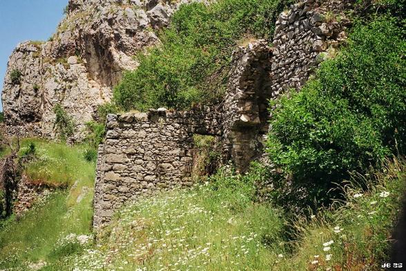 Farbfoto mit einem sommerlichen Blick auf einige Ruinen der Geisterstadt Camerata Vecchia in den Abruzzen, die auf einer Höhe von 1220 Metern in den Monti Simbruini liegt. Sie wurde auf der Seite eines Felsrückens erbaut, von dem oben links ein Teil zu sehen ist. Im Vordergrund Gräser, Blumen und Gebüsch. Olympus Trip 35 auf Kodak Gold.
