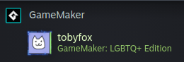 steam profile named "tobyfox" is playing "GameMaker: LGBTQ+ Edition"