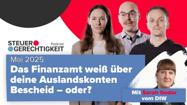 Cover des Podcast Steuergerechtigkeit, Mai 2025: "Das Finanzamt weiß über deine Auslandskonten Bescheid - oder?" Mit Sarah Godar vom DIW, mit Foto. Ebenfalls abgebildet: Julia Jirmann, Yannick Schwarz und Christoph Trautvetter vom Netzwerk Steuergerechtigkeit.