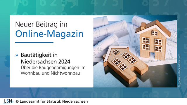 Neuer Beitrag im Online-Magazin. Bautätigkeit in Niedersachsen 2024. Über die Baugenehmigungen im Wohn- und Nichtwohnbau. Das Bild zeigt symbolische Holzhäuser und Baupläne auf einem Tisch.