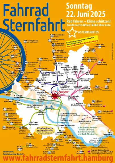 Das Bild zeigt eine farbenfrohe Karte für die "Fahrrad Sternfahrt" am Sonntag, den 22. Juni 2025. Die Karte ist hauptsächlich in Orange gehalten und zeigt verschiedene Fahrradwege durch die Stadt Hamburg. Der Titel "Fahrrad Sternfahrt" ist in großen blauen Buchstaben oben links zu sehen. Darunter steht "Sonntag 22. Juni 2025" und der Slogan "Rad fahren – Klima schützen! Bundesweite Aktion: Mobil ohne Auto" mit dem Hashtag "#STERNFAHRT25".

Die Karte zeigt zahlreiche Fahrradwege in verschiedenen Farben, die von verschiedenen Bahnhöfen wie Bhf. Itzehoe, Bhf. Kreepme, Bhf. Barmstedt und Bhf. Wedel ausgehen. Es sind auch spezielle Routen für Kinder und eine "Kinder-Route zum Jungfernfest" markiert. Die Karte enthält auch wichtige Orte wie die Elbe-Einkaufszentren, die Köhlbrandbrücke und die Geesthacht.