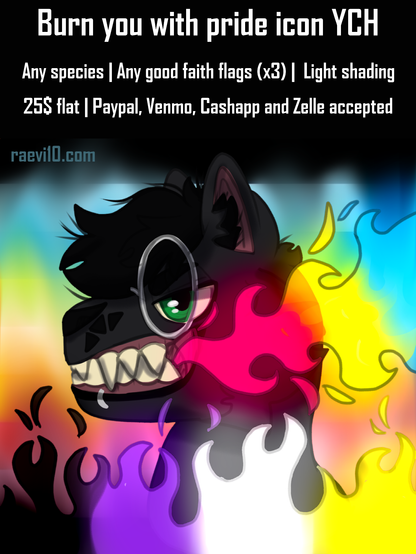 an anthro black cat headshot snarling and spitting pan flag colored fire from their cheek, the bottom of the canvas has nonbinary fire, and the background is the queer flag