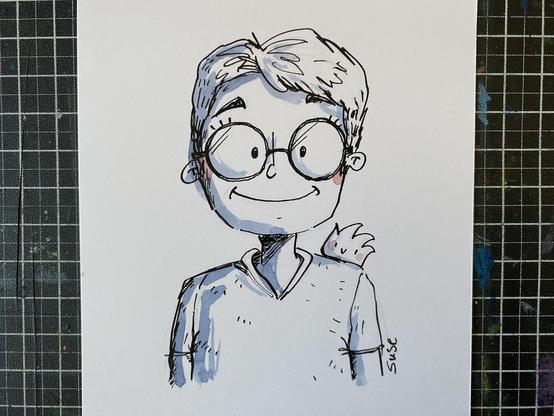 Ich selbst mit einem Strüppi auf der Schulter. Mit Tusche gezeichnet.