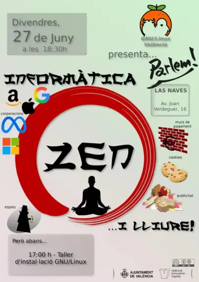 Cartel de un evento organizado por GNU/Linux València. Se trata de un "Hablemos", un debate abierto. Este mes trata sobre el bloqueo de anuncios, tracking y anonimización. Se celebrará el viernes 27 de Junio de 2025, a las 18:30, en Las Naves (Avinguda Joan Verdeguer 16, València, 46024). En la parte inferior del cartel, se puede ver un recuadro que indica que antes, a las 17:00, se realizará un taller de instalación GNU/Linux.