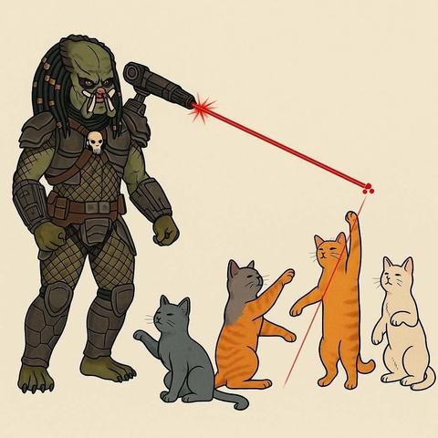 The image is a cartoon illustration featuring a green-skinned, armored alien character with dreadlocks (A Predator). This character holds a shoulder-mounted laser device emitting a red laser beam, which draws the attention of four cats. The cats are lined up in front of the character, intently focused on the red dot created by the laser on the ground. The cats vary in color, including gray, orange with stripes, and cream. Two cats on the right appear to be actively engaged, reaching toward the laser dot. The background is plain beige, emphasizing the characters in the foreground.