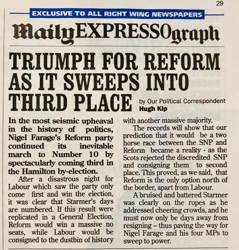 Image of a Private Eye page entitled "MailyExpressograph" with subtitle "Triumph for Reform as it sweeps into third place" mocking media coverage of Reform UK's recent by-election result and other poliical points.