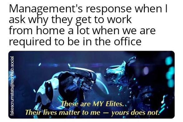 Character from Halo 2 saying: These aee my Elites. Their lives matter to me - yours does not.

Caption: Management's response when I ask why they get to work from home a lot when we have to be in the office