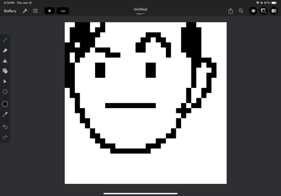 A doodle of Alex raising one eyebrow; much of it is cut off by the edges of the 32x32 pixel canvas.