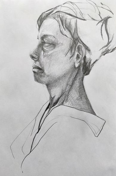 Tête de profil au crayon. Les ombres sont faites au niveau du visage mais les cheveux et le vêtement ne sont que suggérés