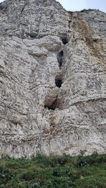 Felswand an der Küste in der Normandie mit mehreren Löchern.