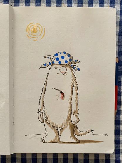 A cartoon creature stands sweating in the center, featuring a furry body, a single large eye, and a pink tongue sticking out. It wears a blue and white polka-dotted bandana. A simple sun is drawn in the upper corner.