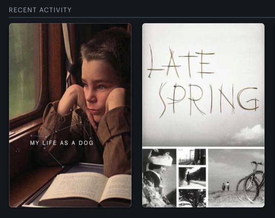 Screenshot from Letterboxd website showing two movie posters under the title Recent Activity:

- My Life as a Dog (1985)
- Late Spring (1949)