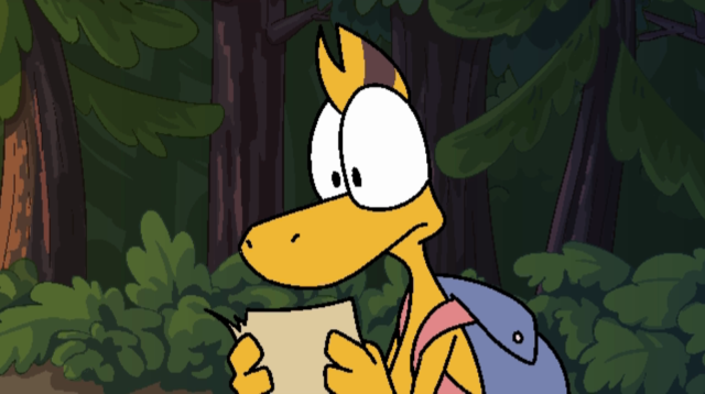 Zid looking at a piece of paper in a forest. Screenshot from Zid Journey