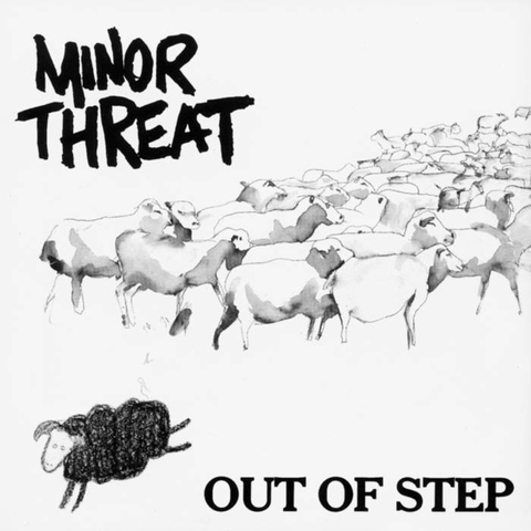 The cover of the Minor Threat album "Out of Step" which features a heard of white sheep looking one way and a black sheep running in the opposite direction.