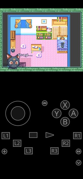 it's the same screenshot as before, (the opening line from 1995's, Sailor Moon Another Story.) which is Luna, standing on top of Usagai / Bunny / Serena while she's in bed waking her up by saying her name.

now though, the screen is tall instead of wide, with a virtual keyboard displayed in the bottom half.  I'm now playing it on RetroArch on Android.