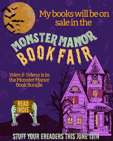 Monster Manor Itch Book Bundle graphic with purple haunted house and bookfair info. Stuff your ereaders on June 13th.