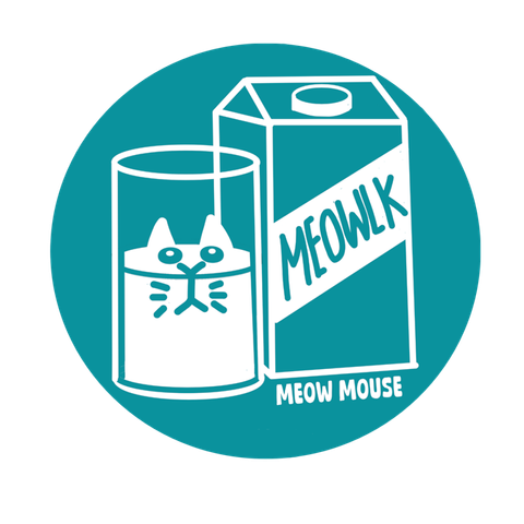 A glass of "milk" (white cat inside a glass). Next to it is a milk carton with the words "MEOWLK".