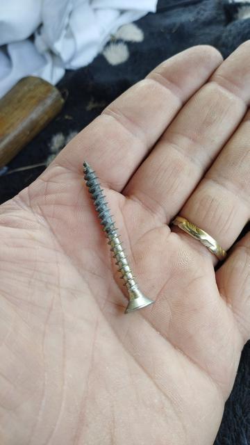 Vis type vis à bois de 50 mm de long dans ma paume de main ouverte. La demi-longueur est plus sombre, elle devait dépasser derrière la tôle de la cabine