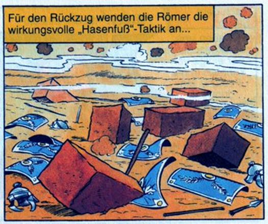 Zeichnung aus dem Comic: Steinblöcke liegen verstreut auf dem Boden. Zerbeulte Schilde, tlw. unter den Blöcken begraben, liegen neben zerbrochenen Speeren und verbeulten Helmen.