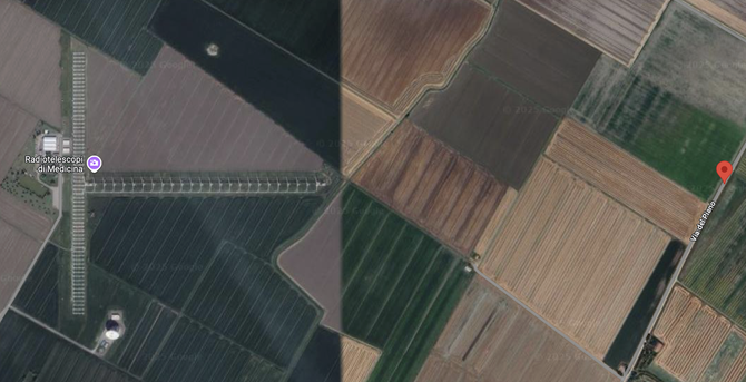 A screenshot from Google Maps in which the left hand tile shows very green or fallow land while the right tile looks much drier.