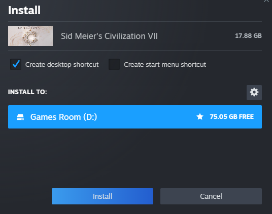 Ekran instalacji Civ7 na Steam, gra waży 17.88 GB.