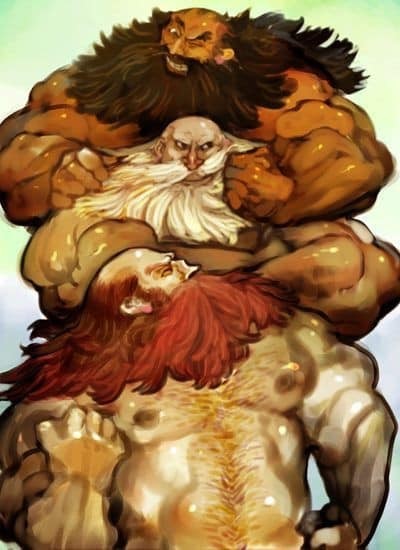 Three dwarf like men standing in a row, with arms on each other's shoulders. They are bald and full bearded and shirtless