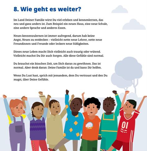 Eine Gruppe jubelnder Kinder  unterschiedlicher Hautfarben, darunter der Text:
8. Wie geht es weiter?

Im Land Deiner Familie wirst Du viel erleben und kennenlernen, das neu und ganz anders ist. Zum Beispiel ein neues Haus, eine neue Schule, eine andere Sprache und anderes Essen.

Neues kennenzulernen ist immer aufregend, darum hab keine Angst, Neues zu entdecken - vielleicht nette neue Lehrer, nette neue Freundinnen und Freunde oder leckere neue Süßigkeiten.

Dieses neue Leben macht Dich vielleicht auch traurig oder wütend. Vielleicht machst Du Dir auch Sorgen. Alle diese Gefühle sind normal.

Du brauchst ein bisschen Zeit, um Dich daran zu gewöhnen. Das ist normal. Aber denk daran: Deine Familie ist da und kann Dir helfen.

Wenn Du Lust hast, sprich mit jemandem, dem Du vertraust und den Du magst, über Deine Gefühle.