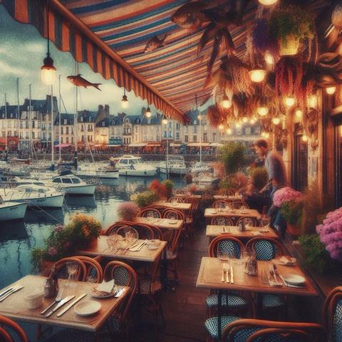KI-Bild (DALL•E3):

Das Restaurant wie im Tröt beschrieben. Zwei Tischreihen direkt am Hafenbecken, mit Markise überdacht. Im Hintergrund eine Häuserzeile an der Hafenmole und links im Anschnitt kleine schicke Schiffchen in der Marina. Fritz ist sich sicher, das Katz wird es lieben, hier nachher zu speisen. Schnurr!