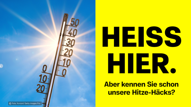 Links Foto von Thermometer und Sonne, rechts Text "Heiß hier. Aber kennen Sie schon unsere Hitze-Häcks?"
