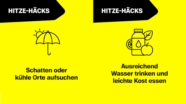 Hitze-Häcks und passende Icons. Links: Schatten oder kühle Orte aufsuchen. Rechts: Ausreichend Wasser trinken und leichte Kost essen.