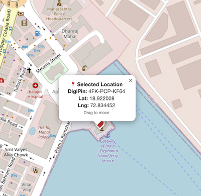 screenshot of a map showing the DIGIPIN for the Gateway of India in Mumbai