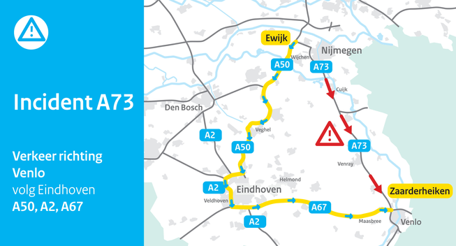 Incident op de A73. Verkeer richting Venlo volg Eindhoven via de A50, A2 en A67.