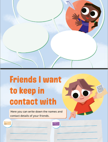 A page from the activity book of the "toolbox for children in return". 
Top: A smiling dark-skinned kid with long black hair receives a paper plane, there are speech-bubbles around her to be filled out with "wishes from your frinds".  
Bottom: A smiling  light-skinned kid with brown hair holds a letter in their hands. Besides is the title: 
"Friends want to keep in contact with" and some space to write down names and contact details of your friends.
This is no sarcasm. The document is authentic. Fuck racist Frontex.