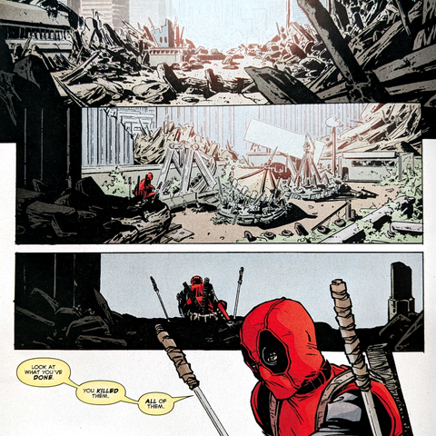 Comicseite mit mehreren Panels aus „Deadpool Kills the Marvel Universe One Last Time #1“. In allen Szenen ist Deadpool zu sehen – mal mit gezücktem Katana, mal im Gespräch, stets mit seinem typischen rot-schwarzen Kostüm und sarkastischem Ausdruck. Die Panels wechseln zwischen Nah- und Halbtotalen, begleitet von Action, düsterer Atmosphäre und Deadpools unverwechselbarem Humor.