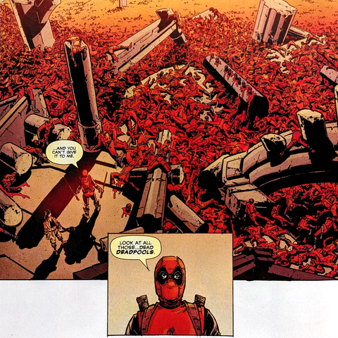 Comic-Ausschnitt mit zwei Panels. Im oberen Bild stehen Deadpool und Alphea inmitten einer Ruinenlandschaft, die vollständig mit den Leichen unzähliger anderer Deadpools bedeckt ist – eine makabre, rote Flut aus toten Versionen seiner selbst. Deadpool kommentiert sarkastisch: „Look at all those… dead Deadpools.“ Im unteren Panel ist eine Nahaufnahme seines Gesichts zu sehen, mit gewohnt trockenem Gesichtsausdruck.