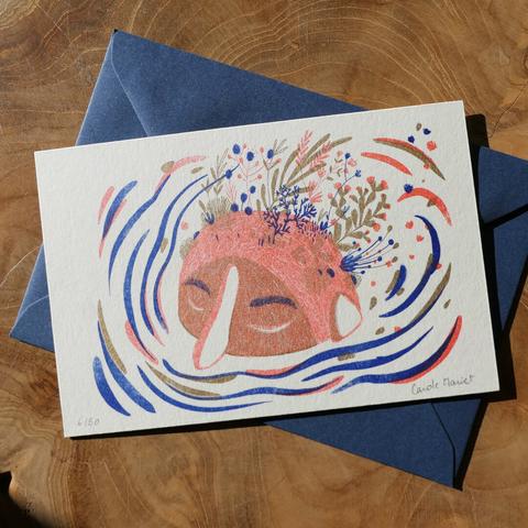Carte risographie onirique tête dans l'eau
