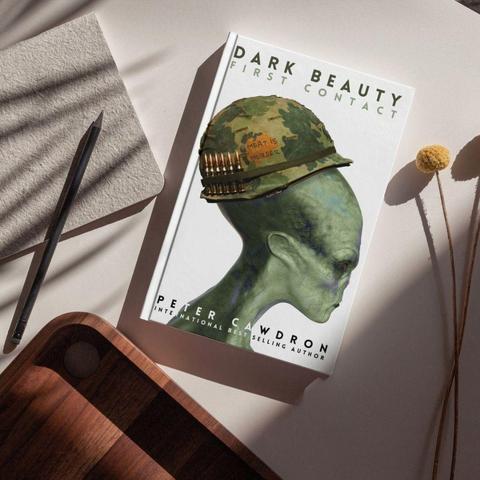 a book cover shows an alien wearing a US soldier's helmet from the Vietnam war