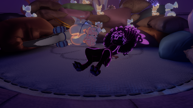 Eden the Dark World avali asleep next to a set of pillows and strange little creatures singing a soothing melody in the dreaming city.