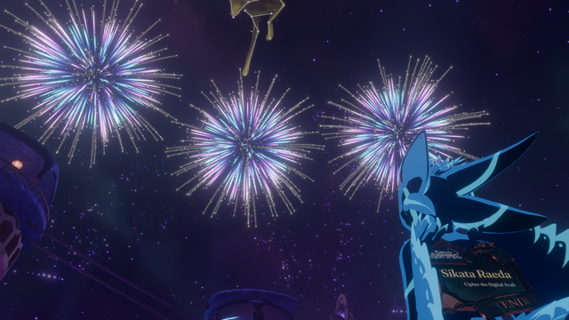 Cipher watching the firework show as the final sendoff for Furality Somna during the Final Hours of the event.