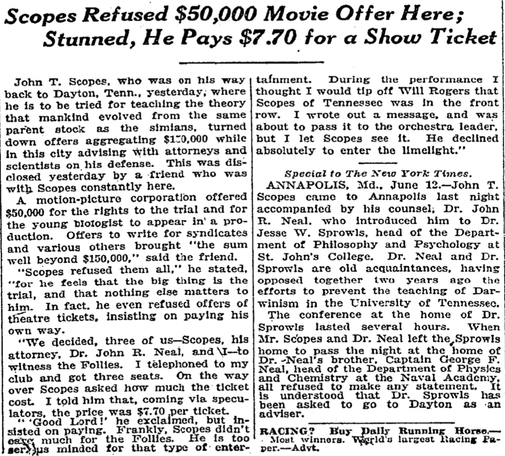 Scopes Refused $50,000 Movie Offer Here; Stunned, He Pays $7.70 for a Show Ticket