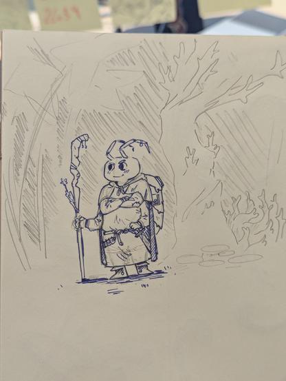 Dessin dlun cloporte anthropomorphique 
Il a 4 bras 2 jambes et une grosse tête avec des antennes. Il a une cape un gros sac a dos un baton et une épée 
Derrière il y a des tiges et un espèce d'arbre/lichen