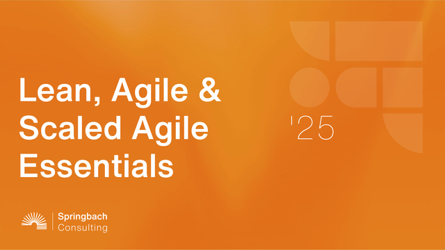 An orange title slide with subtle geographic patterns and shading from a presentation deck. "Lean, Agile & Scaled Agile Essentials" presented by Springbach Consulting.