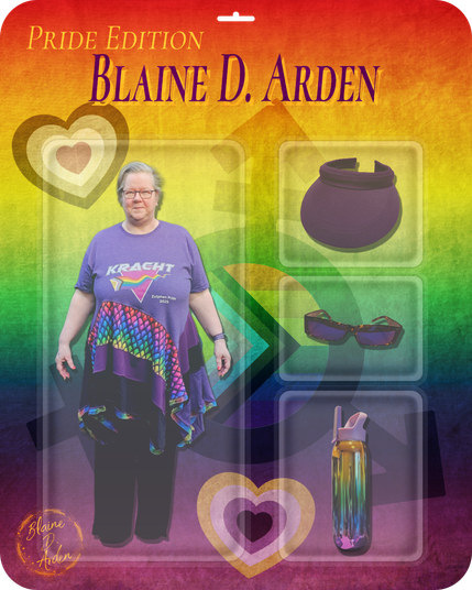 A mock action figure package labeled "Pride Edition Blaine D. Arden" features a person in a purple Pride tunic with “KRACHT Zutphen Pride 2025” text. Accessories include a purple visor, sunglasses, and a metallic rainbow water bottle. The background is a rainbow gradient with gender equality sign, ace and enby hearts,and a progress pride flag motif.