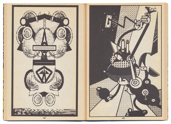 double page, imprimée en noir sur papier bouffant blanc cassé.
A gauche : un personnage flottant, entre le totem et le fétiche, dessiné de façon rudimentaire à l'ordinateur.
A droite : un robot anthropomorphe noir à tête de prise électrique essaie de crocheter une serrure. Le dessin est également réalisé à la table graphique.